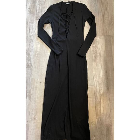 Reformation Edison Dress Black Lace Up Ribbed Long Sleeve size Large - Picture 8 of 12